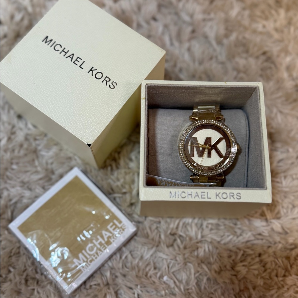 Michael Kors Gold and White MK Logo Crystal Bracelet Watch